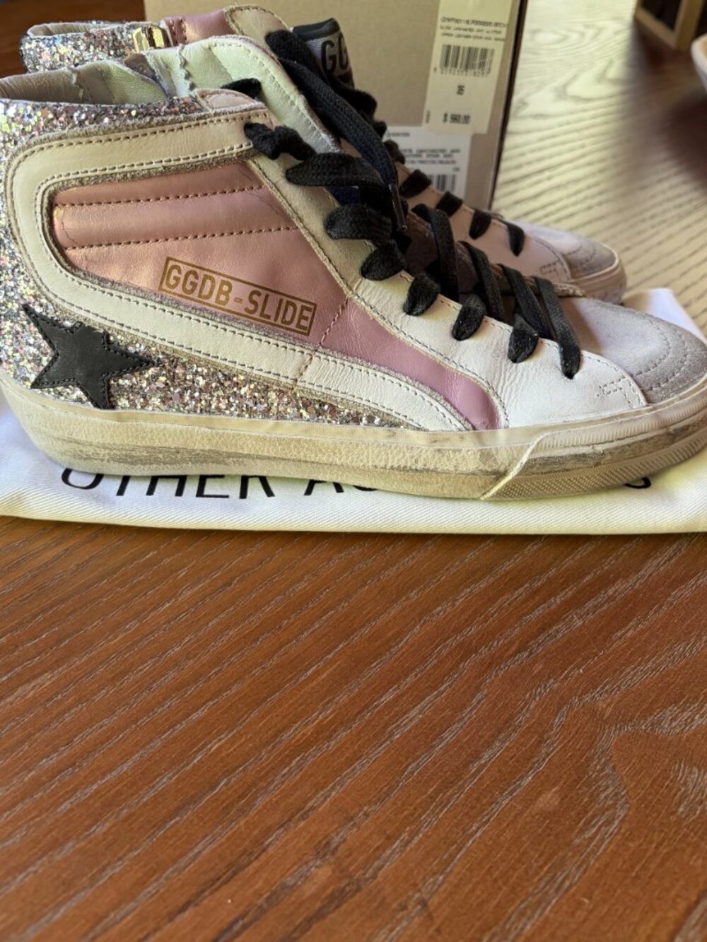 Auth NIB Golden Goose Slide White Leather Pink Laminate Silver Glitter Size 35
